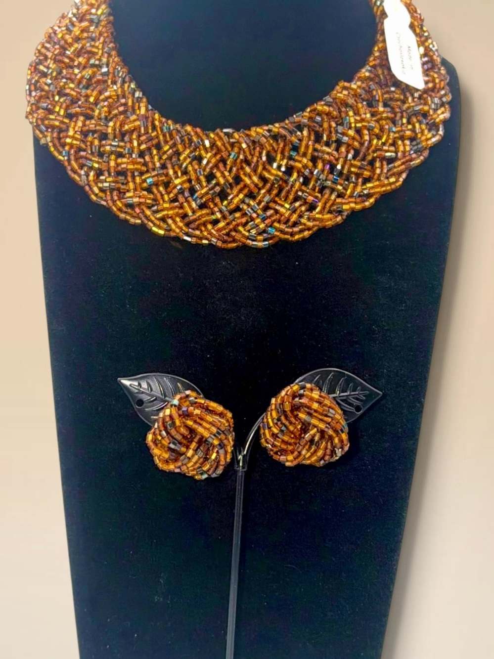 Vintage Renaissance Czech Bohemian Glass Woven Collar Necklace & Pierced Earring